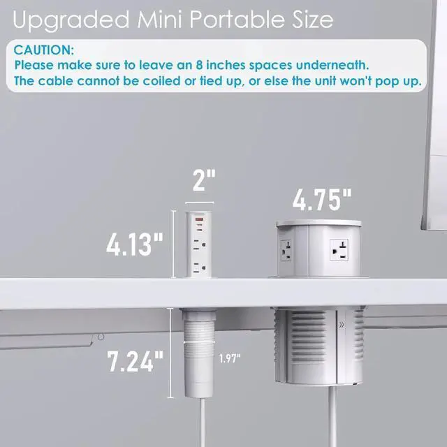 Alt view image 6 of 7 - 2 inch Space Saver Pop Up Outlet for Countertop with PD20W USB Ports,2 Outlets Tamper Resistant,Splashproof Socket,Desk Power Grommet Home Office Kitchen White (ETL Listed)