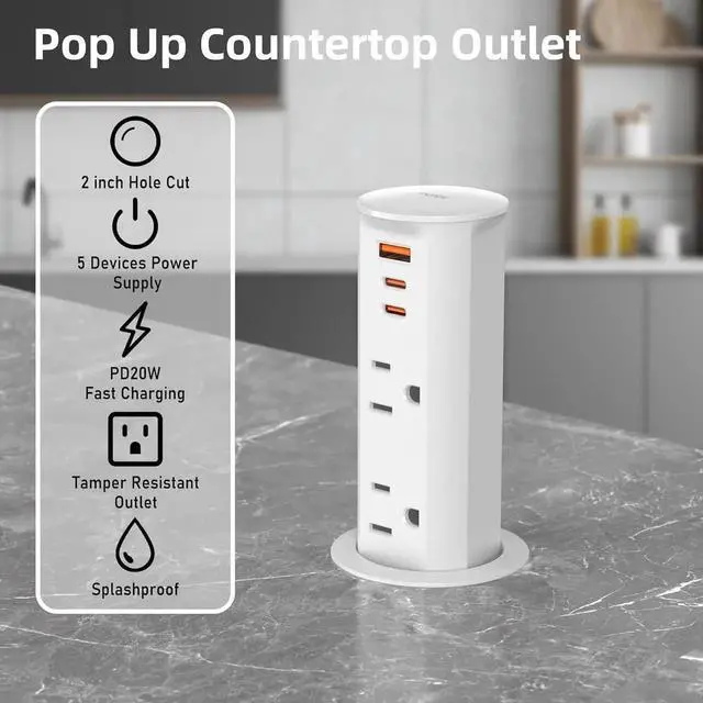 Alt view image 5 of 7 - 2 inch Space Saver Pop Up Outlet for Countertop with PD20W USB Ports,2 Outlets Tamper Resistant,Splashproof Socket,Desk Power Grommet Home Office Kitchen White (ETL Listed)