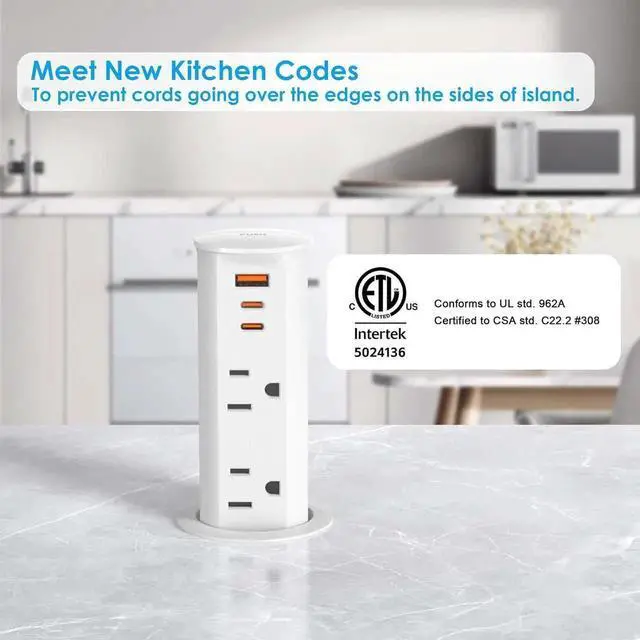 Alt view image 4 of 7 - 2 inch Space Saver Pop Up Outlet for Countertop with PD20W USB Ports,2 Outlets Tamper Resistant,Splashproof Socket,Desk Power Grommet Home Office Kitchen White (ETL Listed)