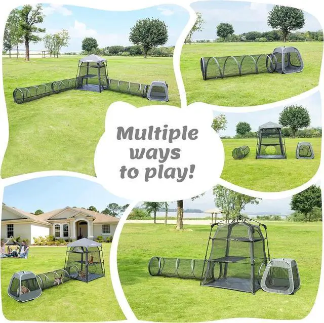 Alt view image 5 of 7 - Cat Enclosure Kitten and Tower Tent for Indoor and Outdoor,3 Tier Cage Inside,Outdoor Catio,Portable and Foldable,Two Doors Design; Play Tunnel + Cube(with Three Ways)