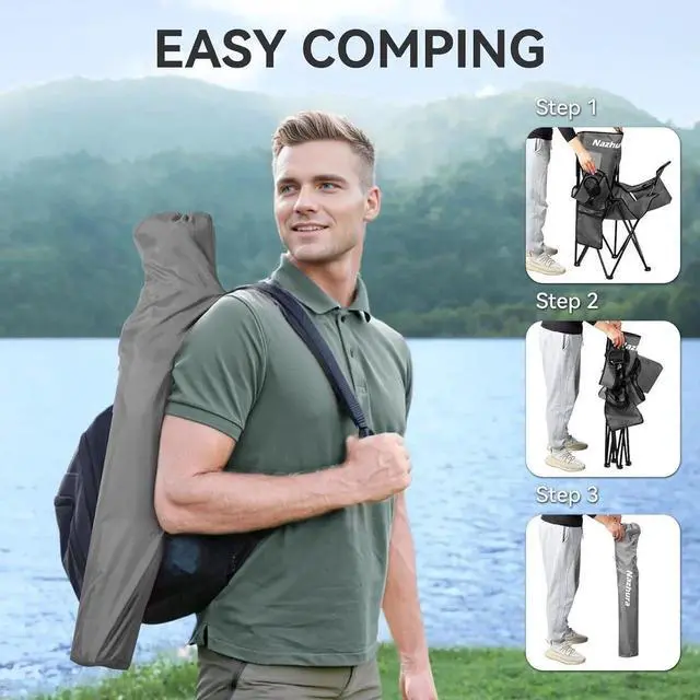 Alt view image 5 of 7 - 4 Pack Outdoor Camping Chairs Folding/Foldable/Portable with Cooler Pouch, Mesh Backrest and Cup Holder Pocket(Grey) (Grey, 4 Pack)