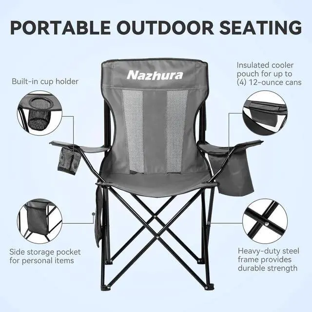 Alt view image 4 of 7 - 4 Pack Outdoor Camping Chairs Folding/Foldable/Portable with Cooler Pouch, Mesh Backrest and Cup Holder Pocket(Grey) (Grey, 4 Pack)
