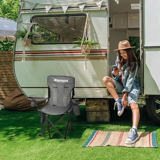 Alt view image 6 of 7 - 4 Pack Outdoor Camping Chairs Folding/Foldable/Portable with Cooler Pouch, Mesh Backrest and Cup Holder Pocket(Grey) (Grey, 4 Pack)