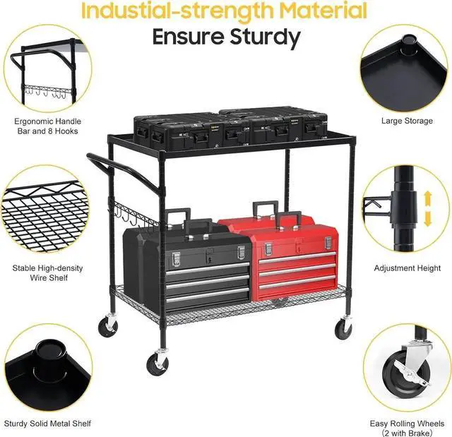 Alt view image 4 of 7 - 2-Tier Utility Cart with Wheels, Metal Cart with 1000LBS Capacity, NSF Heavy Duty Rolling Cart, Commercial Grade Serving Tool Storage Carts for Warehouse Garage Kitchen, 24"D x 45"W x 39"H, Black