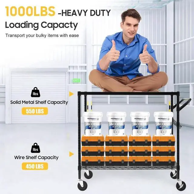 Alt view image 7 of 7 - 2-Tier Utility Cart with Wheels, Metal Cart with 1000LBS Capacity, NSF Heavy Duty Rolling Cart, Commercial Grade Serving Tool Storage Carts for Warehouse Garage Kitchen, 24"D x 45"W x 39"H, Black