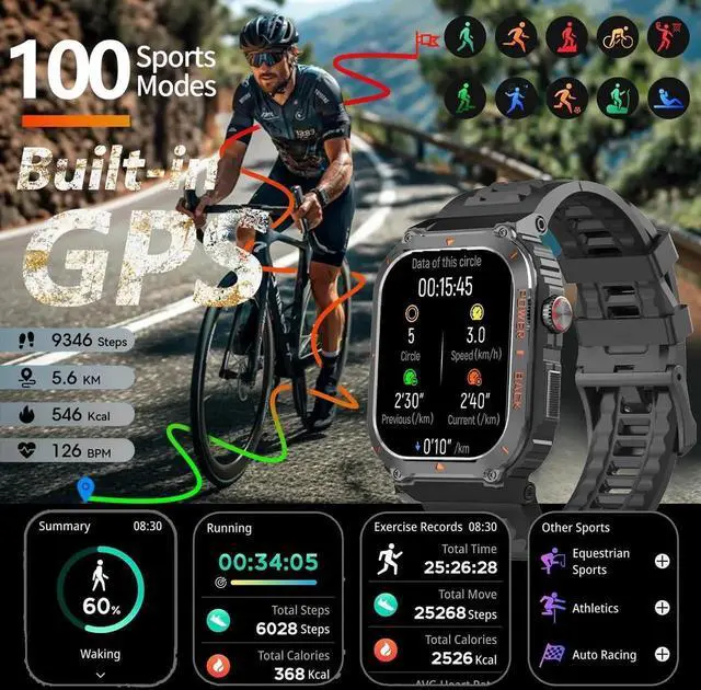 Alt view image 3 of 7 - Military GPS Smart Watch for Men with Offline Map/Air Pressure/Altitude/Compass,smart Watch for Android Phones and iPhone,Waterproof Fitness Tracker with Blood Oxygen/Heart Rate/Sleep/100+ Sport Modes
