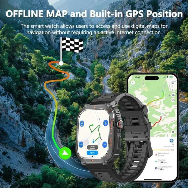 Alt view image 5 of 7 - Military GPS Smart Watch for Men with Offline Map/Air Pressure/Altitude/Compass,smart Watch for Android Phones and iPhone,Waterproof Fitness Tracker with Blood Oxygen/Heart Rate/Sleep/100+ Sport Modes