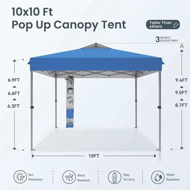 Alt view image 4 of 7 - 10 x10 Pop Up Canopy Tent - One Push Setup, Instant Shade Tent with Vented Roof for Beach & Events - Includes Storage Bag, Sandbags, Stakes & Ropes (Blue)
