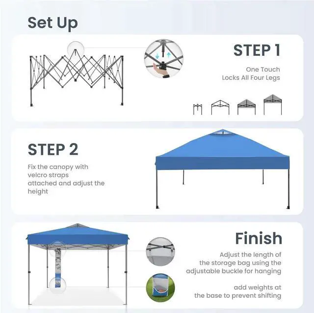 Alt view image 6 of 7 - 10 x10 Pop Up Canopy Tent - One Push Setup, Instant Shade Tent with Vented Roof for Beach & Events - Includes Storage Bag, Sandbags, Stakes & Ropes (Blue)