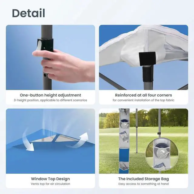 Alt view image 7 of 7 - 10 x10 Pop Up Canopy Tent - One Push Setup, Instant Shade Tent with Vented Roof for Beach & Events - Includes Storage Bag, Sandbags, Stakes & Ropes (Blue)