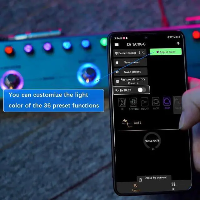 Alt view image 7 of 7 - TANK-G Multi-effects Guitar Pedal, 36 Presets, Rechargeable Battery, Delay, Reverb, Modulation, Preamp, Darkgreen