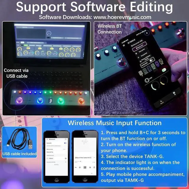 Alt view image 6 of 7 - TANK-G Multi-effects Guitar Pedal, 36 Presets, Rechargeable Battery, Delay, Reverb, Modulation, Preamp, Darkgreen