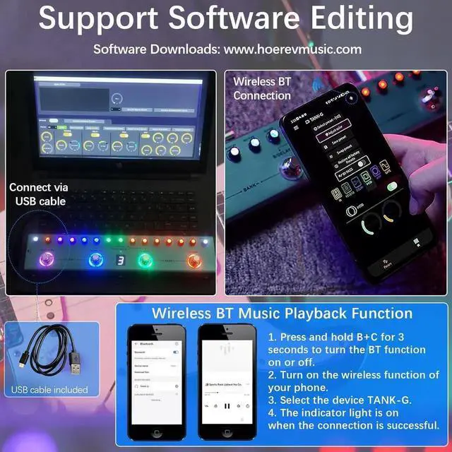 Alt view image 5 of 7 - TANK-G Multi-effects Guitar Pedal, 36 Presets, Rechargeable Battery, Delay, Reverb, Modulation, Preamp, Darkgreen