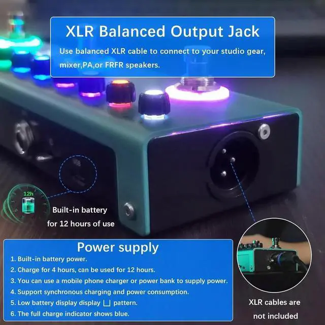 Alt view image 4 of 7 - TANK-G Multi-effects Guitar Pedal, 36 Presets, Rechargeable Battery, Delay, Reverb, Modulation, Preamp, Darkgreen