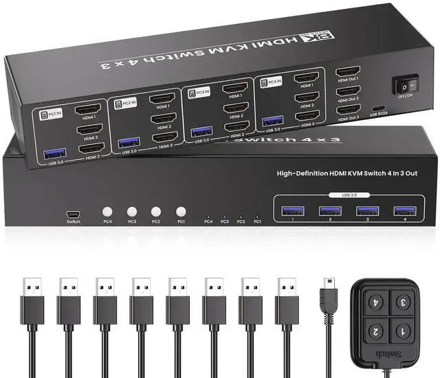 Main image of USB 3.0 HDMI KVM Switch 3 Monitors 4 Computers with 4 Port USB 3.0 Hub, 8K@60HZ 4K@120Hz 4 Port HDMI KVM Switch for 4 PCs Share 1 Set of Keyboard, Mouse and 3 Monitors