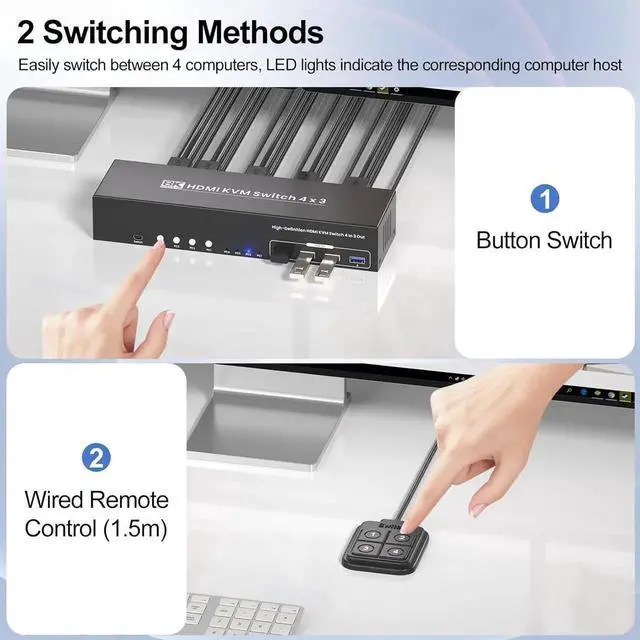 Alt view image 5 of 7 - USB 3.0 HDMI KVM Switch 3 Monitors 4 Computers with 4 Port USB 3.0 Hub, 8K@60HZ 4K@120Hz 4 Port HDMI KVM Switch for 4 PCs Share 1 Set of Keyboard, Mouse and 3 Monitors