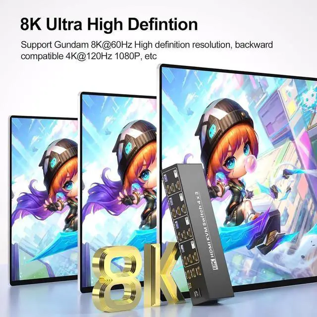 Alt view image 4 of 7 - USB 3.0 HDMI KVM Switch 3 Monitors 4 Computers with 4 Port USB 3.0 Hub, 8K@60HZ 4K@120Hz 4 Port HDMI KVM Switch for 4 PCs Share 1 Set of Keyboard, Mouse and 3 Monitors