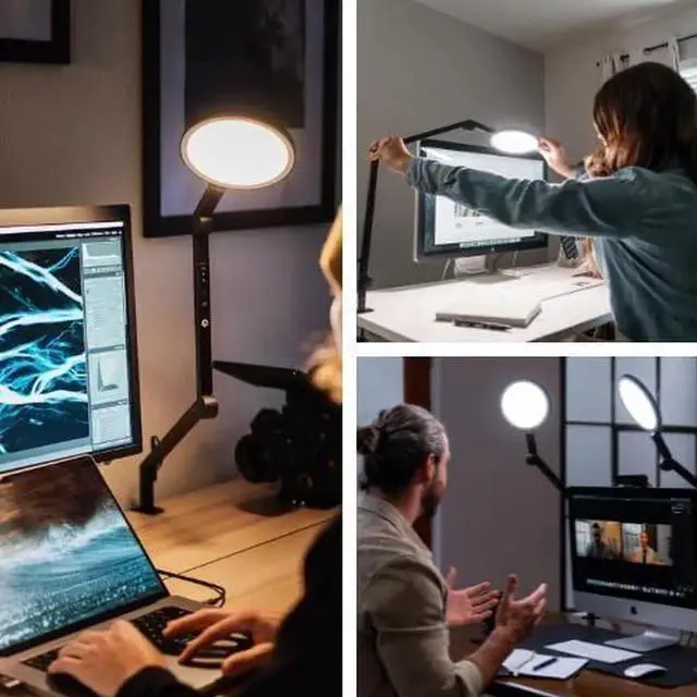 Alt view image 5 of 7 - Edge Light 2.0 LED Black Desk Lamp | Dimmable Home Office Desk Light with USB Charging Port & Strong Swing Arm | Adjustable Color Temperature and Brightness | Circle Webcam Light