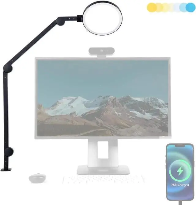 Main image of Edge Light 2.0 LED Black Desk Lamp | Dimmable Home Office Desk Light with USB Charging Port & Strong Swing Arm | Adjustable Color Temperature and Brightness | Circle Webcam Light