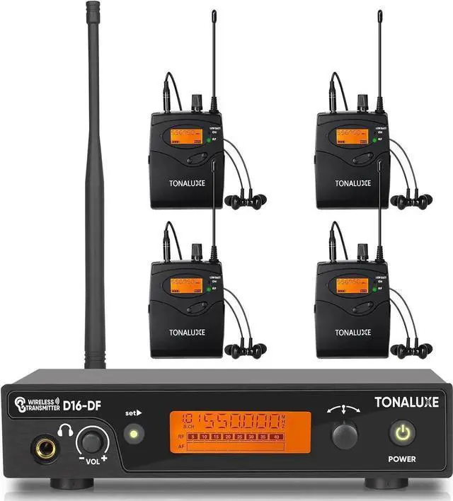 Main image of Wireless in Ear Monitor System, Stereo Mono IEM System with Metal Rackmount Transmitter, 4 Pack UHF Bodypack Receivers w/Earphones, 100 Adjustable Frequencies, 262ft Range for Singers Bands