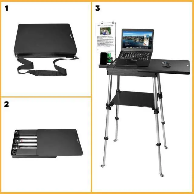 Alt view image 5 of 6 - Portae Mobile Standing Laptop Desk - Sit Stand Travel Desk, Height Adjustae 19-49 inches, Rolling Laptop Tae Workstation with Wheels, Cup & Phone Holder, Coact Dgn for Home Office Travel
