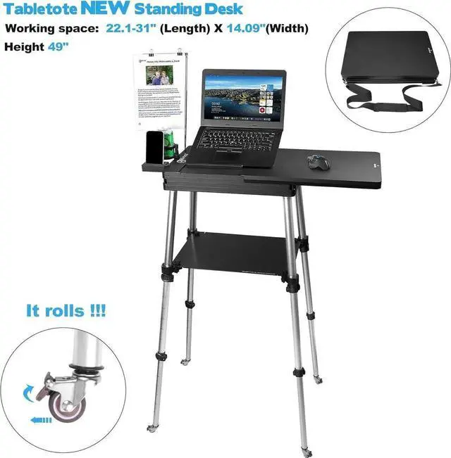 Alt view image 6 of 6 - Portae Mobile Standing Laptop Desk - Sit Stand Travel Desk, Height Adjustae 19-49 inches, Rolling Laptop Tae Workstation with Wheels, Cup & Phone Holder, Coact Dgn for Home Office Travel