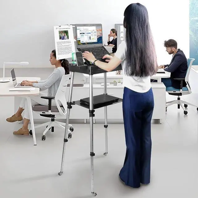 Alt view image 4 of 6 - Portae Mobile Standing Laptop Desk - Sit Stand Travel Desk, Height Adjustae 19-49 inches, Rolling Laptop Tae Workstation with Wheels, Cup & Phone Holder, Coact Dgn for Home Office Travel