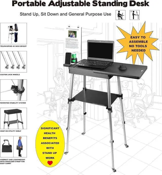 Alt view image 2 of 6 - Portae Mobile Standing Laptop Desk - Sit Stand Travel Desk, Height Adjustae 19-49 inches, Rolling Laptop Tae Workstation with Wheels, Cup & Phone Holder, Coact Dgn for Home Office Travel