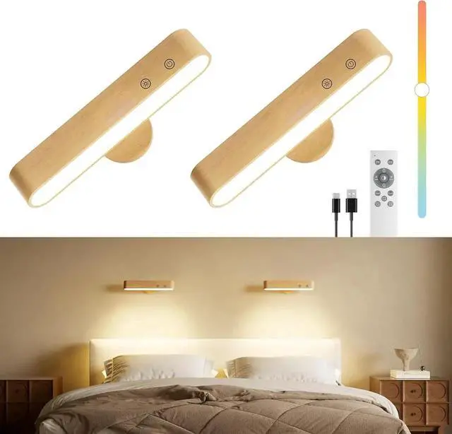 Main image of Recharge LED Wall Sconces Set of Two,Wall Lights for Bedroom with Remote Control and Touch,360° Magnetic Rotation,3 Colors Dimm Brightness Wood Wall Lamps with 15 RGB Colors,2 Pack