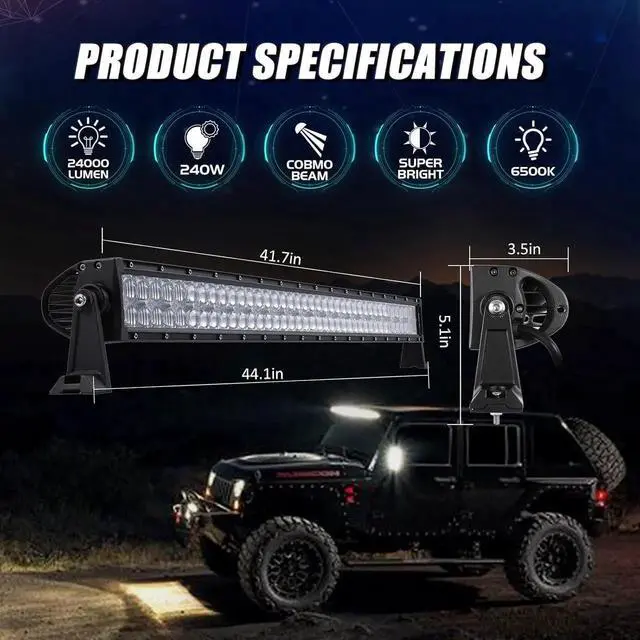 Alt view image 4 of 7 - 42 Inch 240W LED Light Bar, 5D Lens Off Road Double Row Spot Flood Combo Lights, 24000 Lumens Driving Fog Work Light with Wiring Harness for SUV, ATV, UTV, Jeep, Truck, Pickup