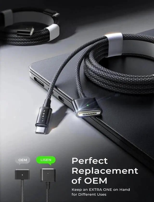 Alt view image 4 of 5 - LISEN USB-C to Magnetic 3 Cable (3.3FT/Black) for M4 MacBook Air Pro Charger, 140W Magnetic Safe 3 Cable for MacBook Air (15''/13'' M4 2025, M3 2024, M2 2023, M2 2022), Pro (16"/14" 2024/2023/2021)
