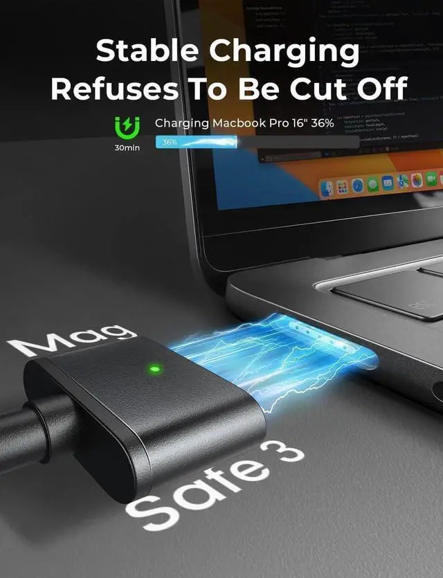 Alt view image 3 of 5 - LISEN USB-C to Magnetic 3 Cable (3.3FT/Black) for M4 MacBook Air Pro Charger, 140W Magnetic Safe 3 Cable for MacBook Air (15''/13'' M4 2025, M3 2024, M2 2023, M2 2022), Pro (16"/14" 2024/2023/2021)