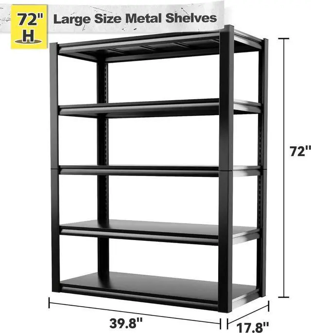 Alt view image 4 of 7 - 2500LBS Garage Shelving 72" H Storage Shelves 39.8" W Metal Shelving Adjust Garage Storage Shelves 5 Tier Heavy Duty Shelf for Basement Pantry Kitchen Warehouse