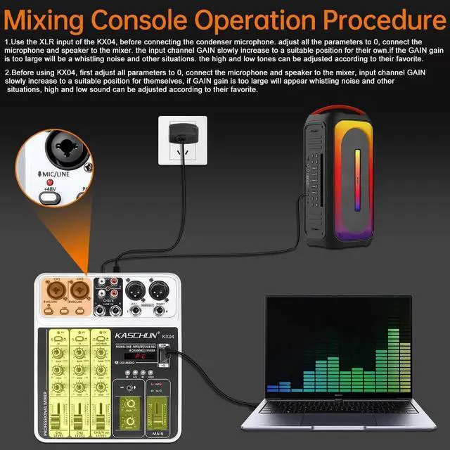 Alt view image 5 of 7 - Professional DJ audio mixer, 4-channel DJ mixer, Bluetooth sound mixer, supports USB/MP3/BT computer input, 48V phantom power stereo studio audio mixer suitable for DJ studio streaming recording