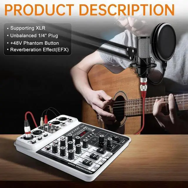 Alt view image 6 of 7 - Professional DJ audio mixer, 4-channel DJ mixer, Bluetooth sound mixer, supports USB/MP3/BT computer input, 48V phantom power stereo studio audio mixer suitable for DJ studio streaming recording