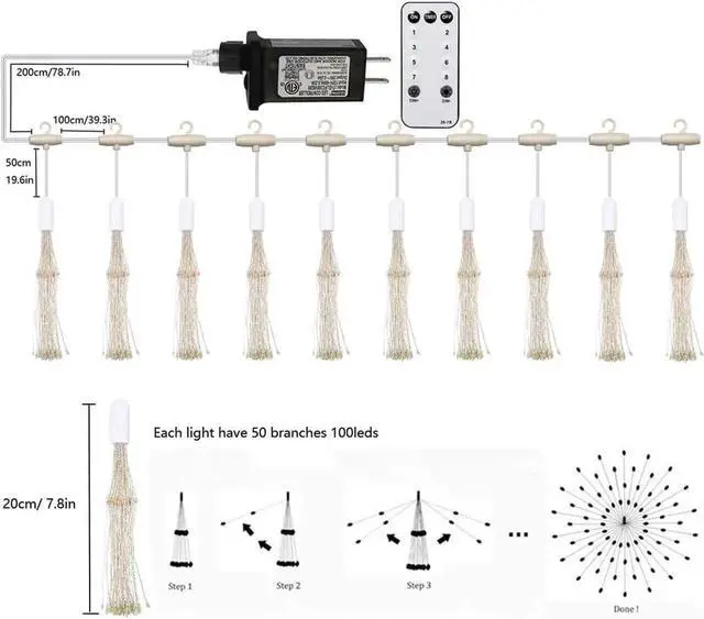 Alt view image 4 of 7 - 10 Pcs Total 1000 LED Firework Copper Wire Lights, 8 Modes Fairy Twinkle Lights Plug in String Lights 1M/3.3FT Spacing Starburst Lights with Sagging Wire and Remote Control(Colorful)