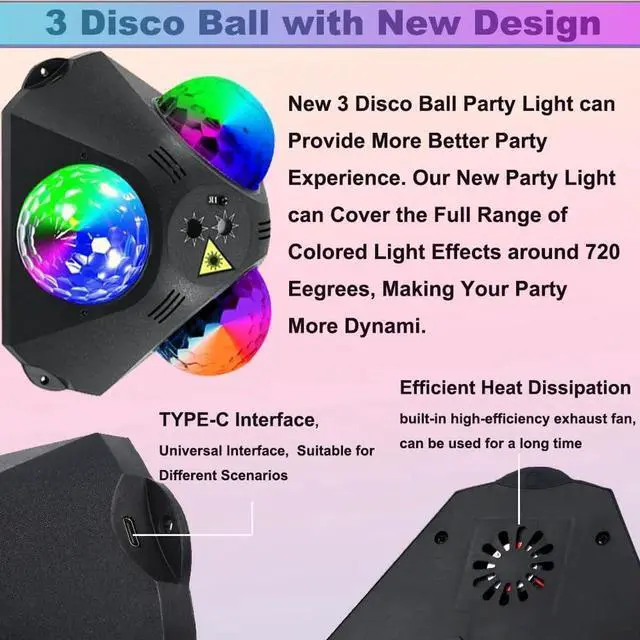 Alt view image 4 of 6 - Disco Ball Party Lights Indoor Outdoor, Dj Lights Disco Ball Decor Party Strobe Light for Parties 3 Disco Balls Sound Activated with Remote Control Disco Light for Christams Halloween KTV Club Party