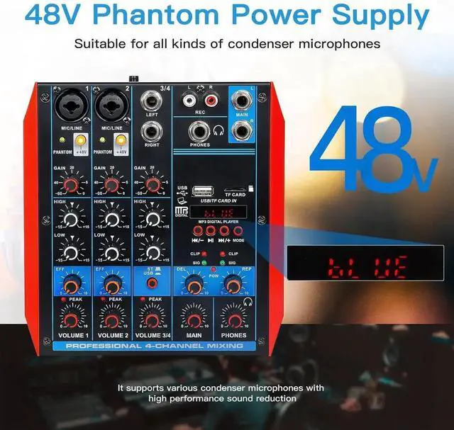 Alt view image 4 of 7 - 4 Channel Audio Mixer Portable Mini Sound Board Console with USB Audio Interface 48V Phantom Power Bluetooth USB MP3 DJ Mixer for Live Performance DJ Stage