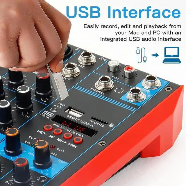 Alt view image 5 of 7 - 4 Channel Audio Mixer Portable Mini Sound Board Console with USB Audio Interface 48V Phantom Power Bluetooth USB MP3 DJ Mixer for Live Performance DJ Stage