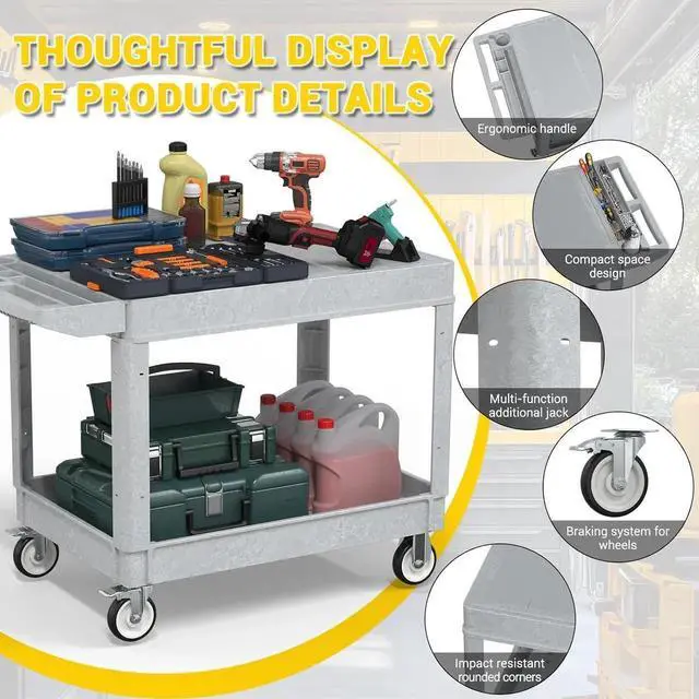 Alt view image 3 of 7 - Heavy Duty Plastic Utility Cart with Wheels, Rolling Flatbed Tool Cart on Wheels, Service Cart for Garage, Warehouse, Workshop, Office, Cleaning (Gray-45.7 inch)