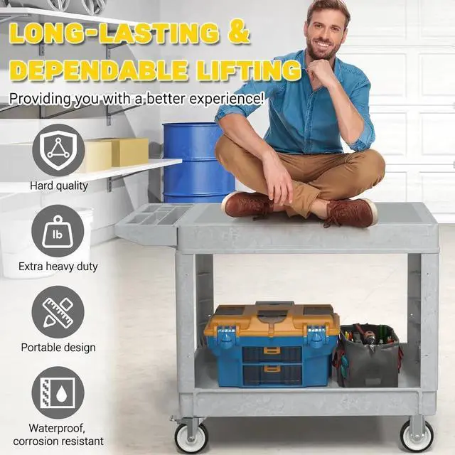 Alt view image 5 of 7 - Heavy Duty Plastic Utility Cart with Wheels, Rolling Flatbed Tool Cart on Wheels, Service Cart for Garage, Warehouse, Workshop, Office, Cleaning (Gray-45.7 inch)