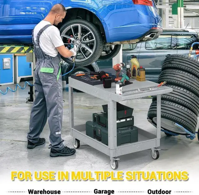 Alt view image 4 of 7 - Heavy Duty Plastic Utility Cart with Wheels, Rolling Flatbed Tool Cart on Wheels, Service Cart for Garage, Warehouse, Workshop, Office, Cleaning (Gray-45.7 inch)