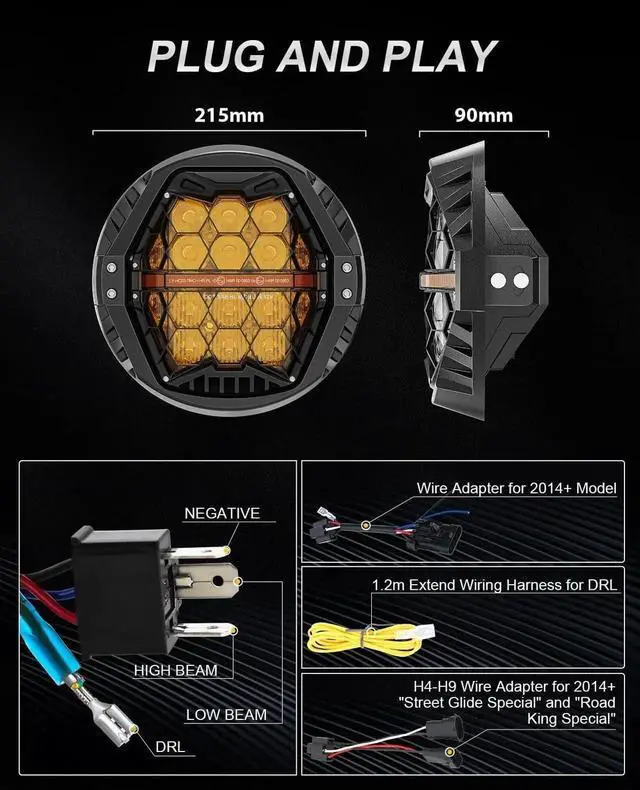 Alt view image 4 of 7 - DOT Approved 1000% Bright 120W 7'' Motorcycles LED Headlight with Amber Lens DRL Compatible with Road King Road Glide Street Glide Electra Glide Ultra Limited Heritage Softail Fat Boy Yamaha