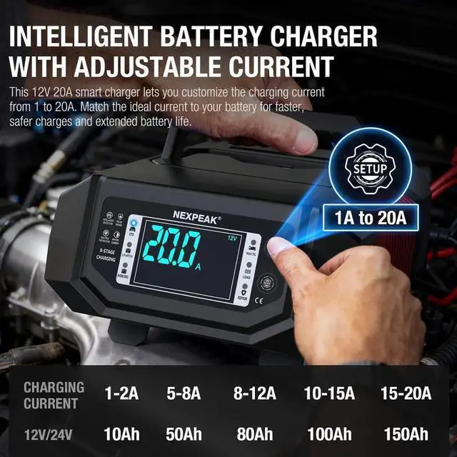 Alt view image 2 of 7 - 1-20A Battery Charger, Trickle Charger Car Battery Charger 12V 24V LiFePO4 Lead Acid Smart Battery Maintainer with Adjustable Current for Car Truck Lawn Mower Boat Marine