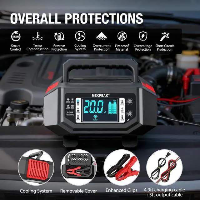 Alt view image 7 of 7 - 1-20A Battery Charger, Trickle Charger Car Battery Charger 12V 24V LiFePO4 Lead Acid Smart Battery Maintainer with Adjustable Current for Car Truck Lawn Mower Boat Marine