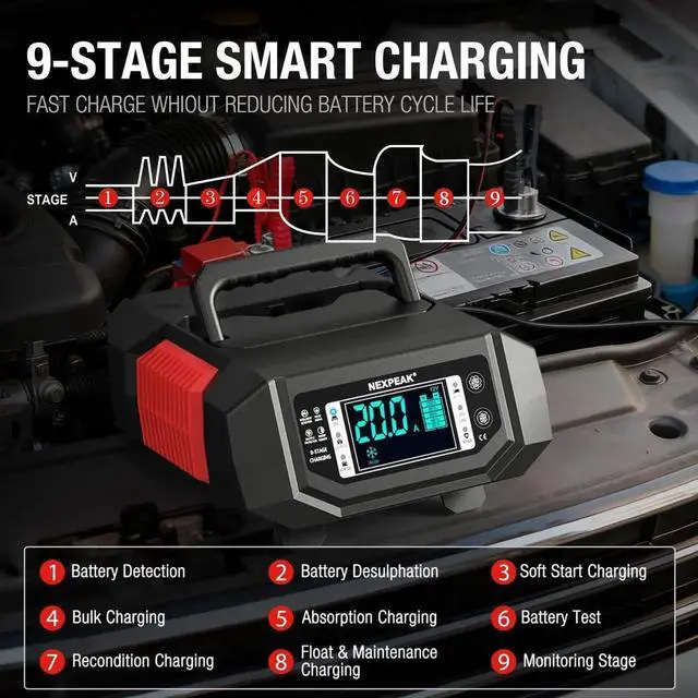 Alt view image 5 of 7 - 1-20A Battery Charger, Trickle Charger Car Battery Charger 12V 24V LiFePO4 Lead Acid Smart Battery Maintainer with Adjustable Current for Car Truck Lawn Mower Boat Marine