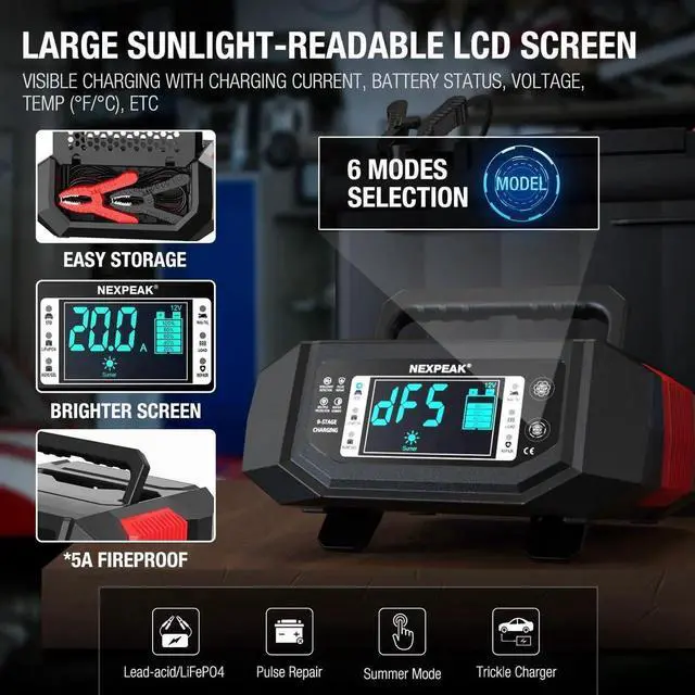 Alt view image 3 of 7 - 1-20A Battery Charger, Trickle Charger Car Battery Charger 12V 24V LiFePO4 Lead Acid Smart Battery Maintainer with Adjustable Current for Car Truck Lawn Mower Boat Marine