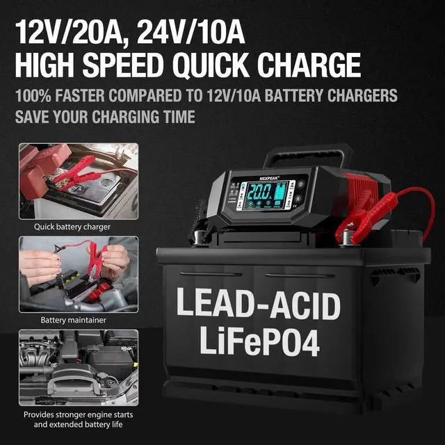 Alt view image 6 of 7 - 1-20A Battery Charger, Trickle Charger Car Battery Charger 12V 24V LiFePO4 Lead Acid Smart Battery Maintainer with Adjustable Current for Car Truck Lawn Mower Boat Marine