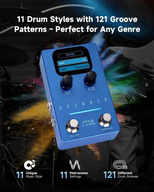 Alt view image 5 of 7 - FF02 Drum Machine Guitar Pedal - 121 Drum Grooves, 11 Music Genres, Tap Tempo, Customizable Rhythms, Stereo I/O for Live & Studio Use