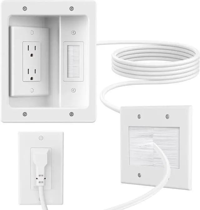 Main image of in Wall Cable Concealer Kit with Brush Wall Plate,Recessed Outlet Box,9ft Cord,2 Gang Pass Through Wire Hider for TV Cable Management,HDMI Cables and Home Theater Systems